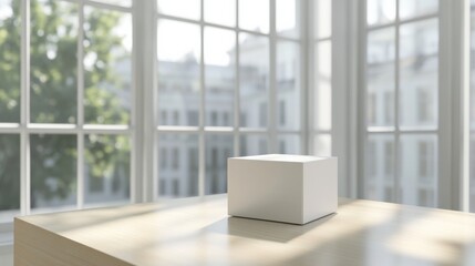 Mockup of a clean white box on a light wooden table with sunlight streaming through large windows