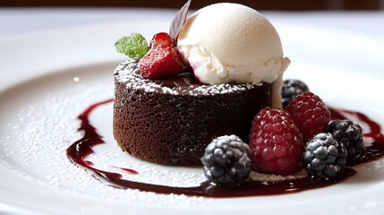 A decadent chocolate petit gÃ¢teau with a molten center, beautifully garnished with vanilla ice cream and fresh berries, served on a pristine plate