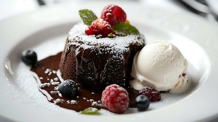 A decadent petit gÃ¢teau with a molten chocolate center, served with vanilla ice cream and garnished with fresh berries, on an elegant white plate