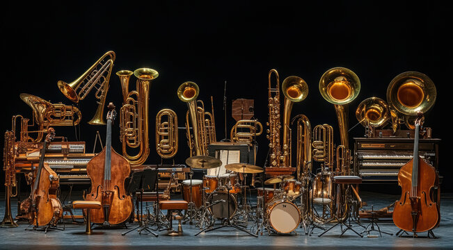 musical ensemble, a medley of brass, string, and percussion instruments creating a diverse musical collage on stage