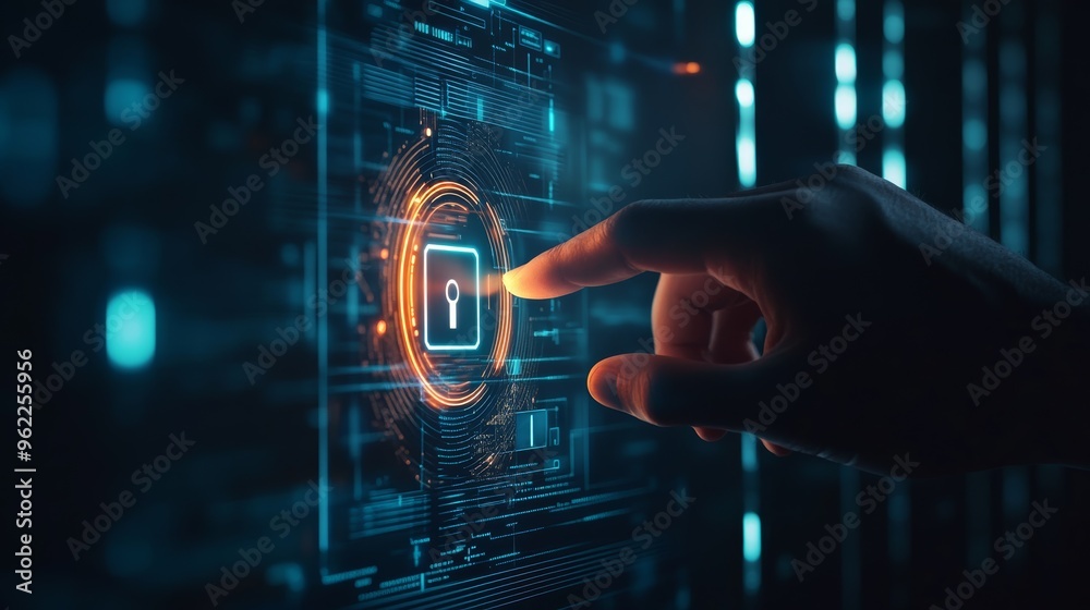 Aufkleber Hand touching a virtual lock icon on a digital interface representing cyber protection. Concept of secure online interactions.