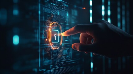 Hand touching a virtual lock icon on a digital interface representing cyber protection. Concept of secure online interactions.