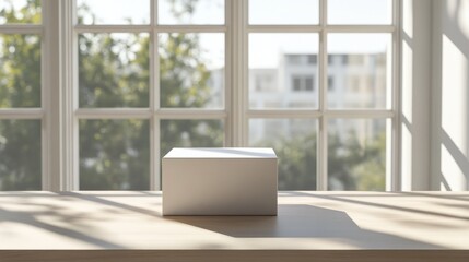 Mockup of a clean white box on a light wooden table with sunlight streaming through large windows