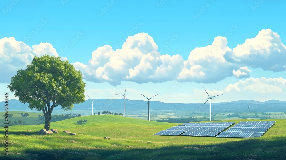 Wall mural a flat design illustration depicting a green landscape with wind turbines and solar panels under a b