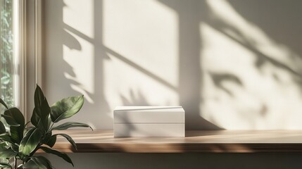 Elegant 3d mockup of a white box placed on a wooden shelf in a bright room filled with natural light