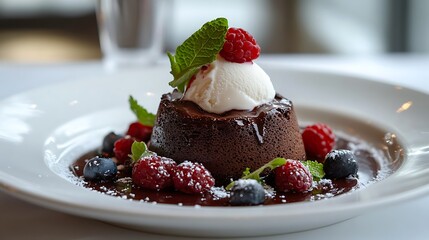 A molten-centered chocolate petit gÃ¢teau, paired with a scoop of vanilla ice cream and garnished with fresh berries, beautifully plated on a white dish