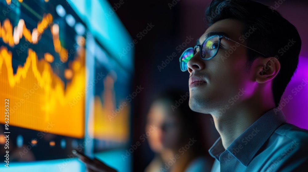Poster focused young professional analyzing market data on large digital screens in a dark office, represen