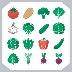 Set of vegetables black silhouette Carrot, potato, tomato, cucumber, onion, garlic, cauliflower, bell pepper, cabbage vector icon in white background.