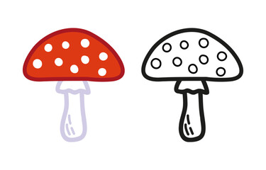 Fly agaric mushroom hand drawn doodle set. Woodland fungus. Isolated vector illustration