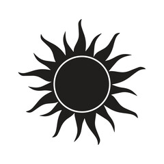 minimalist black sun icon featuring bold rays radiating outward, set against a white background. This simple yet striking design can be used in various graphic projects or logos.