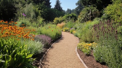 Obraz premium Winding Gravel Path Through Lush Summer Garden