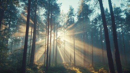 Fototapeta premium The sun pierces through the towering trees in a dense, foggy woodland