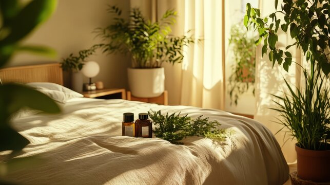 Natural Skincare Products on Bed with Sunlight and Plants