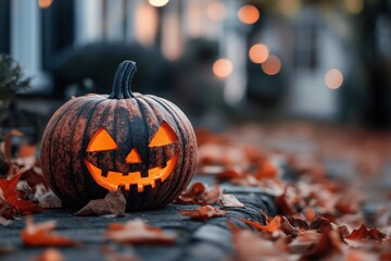 A lit up Halloween jack o lantern pumpkin on the ground with autumn or fall leaves. Twilight zone, dusk or dawn.