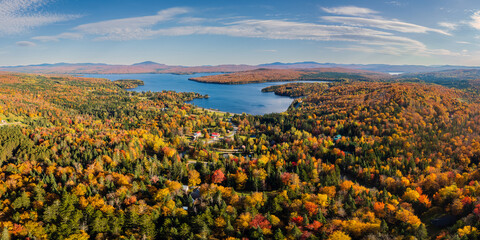 Aerial Panorama View Overlooking Beautiful New England Fall Colors - First Connecticut Lake in Pittsburg, New Hampshire 