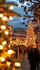 Fototapeta premium Festive Spanish Town Square with Christmas Tree and Traditional Celebrations