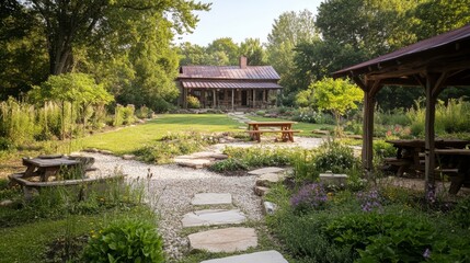 Obraz premium Rustic Cabin Backyard with Stone Path and Picnic Tables