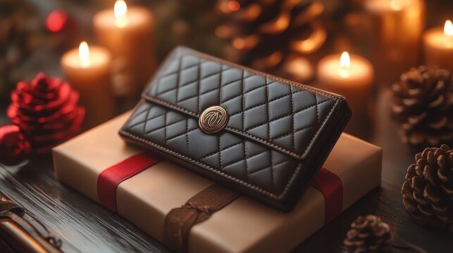 Monogrammed leather wallet in gift packaging, luxury detail, 3D illustration
