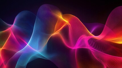 Obraz premium Abstract background with flowing neon light waves in blue, pink, and yellow on a dark background.