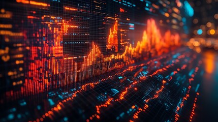 Visual representation of global economic policy summits, with digital projections of economic data and outcomes