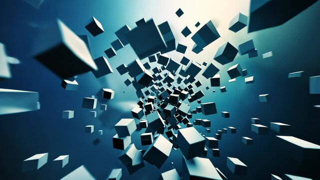 Exploring dynamic motion of floating cubes in a surreal blue environment