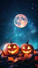 Obraz premium A halloween scene with pumpkins and a full moon in the background