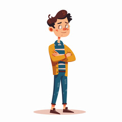 Fototapeta premium A cartoon boy with a serious expression and crossed arms. He is wearing a yellow jacket and blue jeans