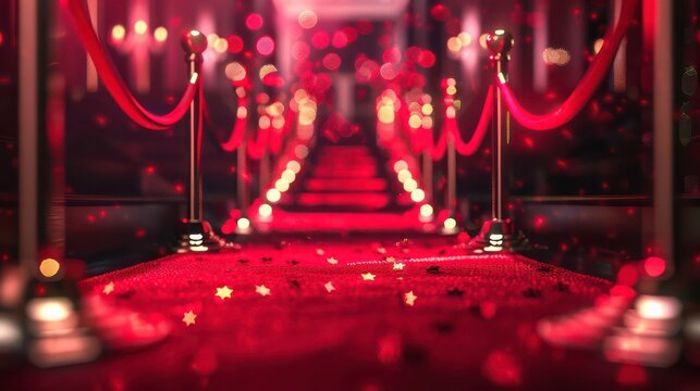 Red carpet with golden stanchions, sparkling confetti, and blurred lights in the background.