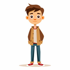 A young man is standing in a jacket and jeans. He is smiling and looking at the camera