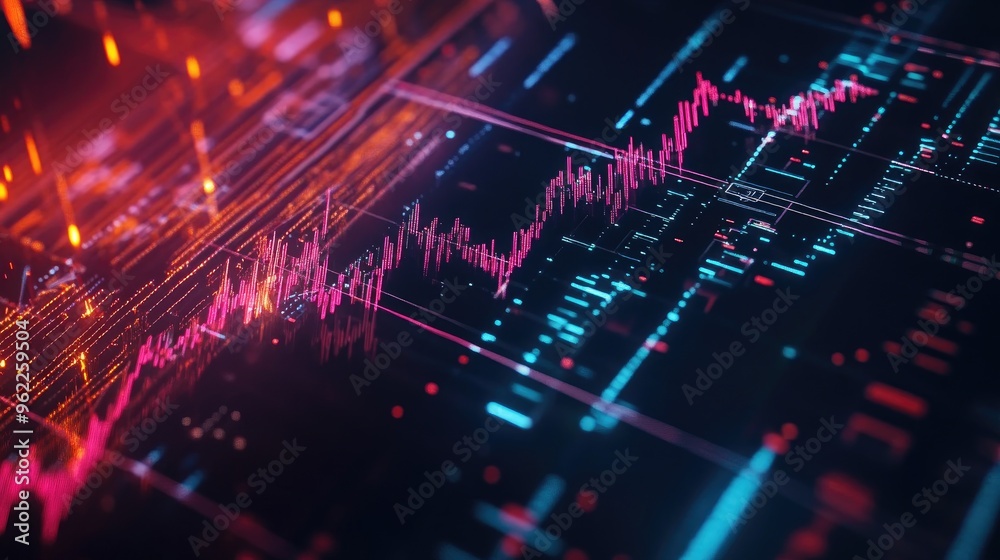 Poster close-up of a stock chart with dynamic candlestick patterns and fluctuating lines on a digital scree