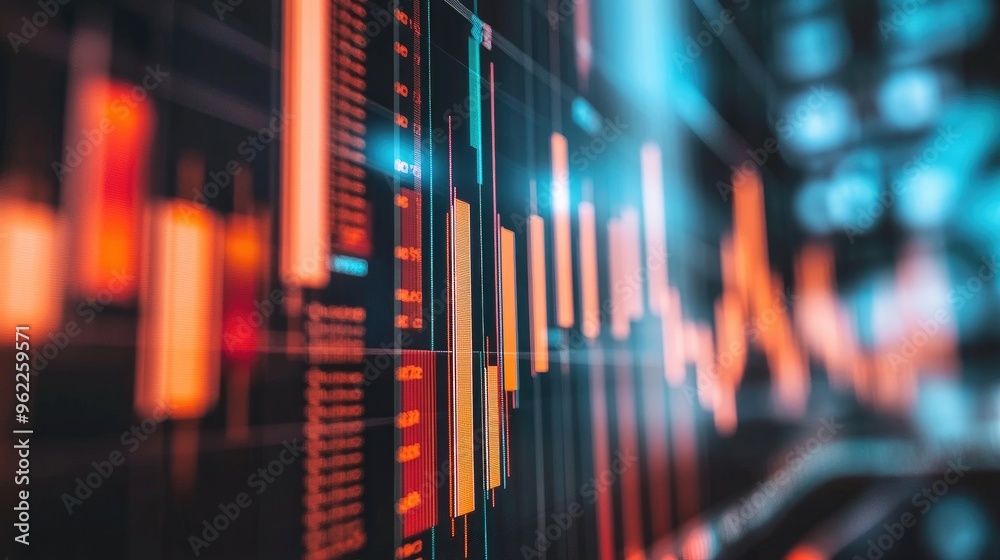 Poster close-up of a stock market analysis chart with a mix of bar graphs and line graphs highlighting key 