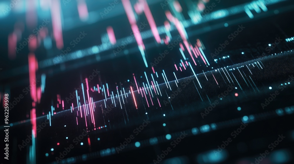 Poster close-up of a stock chart with dynamic candlestick patterns and fluctuating lines on a digital scree