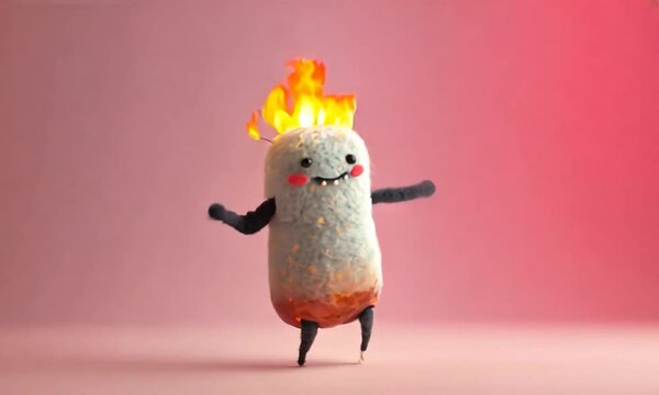 A cartoon character with a big smile and a fire on its head