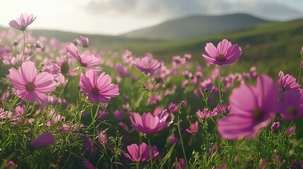  Pink flower field with mountain background