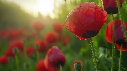 Obraz premium A field of red blooms under bright sunlight, with trees in the background