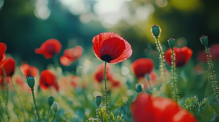   Red flowers with green stems fill the foreground, while sunlight illuminates the trees behind them