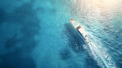 Aerial view of a sleek luxury speedboat on shimmering blue water under a bright sunny sky. 