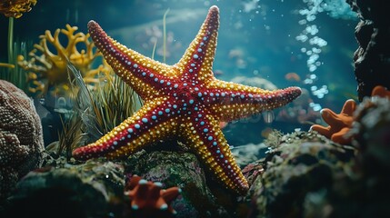    a starfish resting on a stone amidst vibrant coral and diverse marine life in an aquarium setting