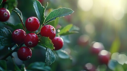 Obraz premium A close-up of a cherry tree, showcasing its bountiful cherries against the backdrop of green foliage and glistening sunlight filtering through the leaves