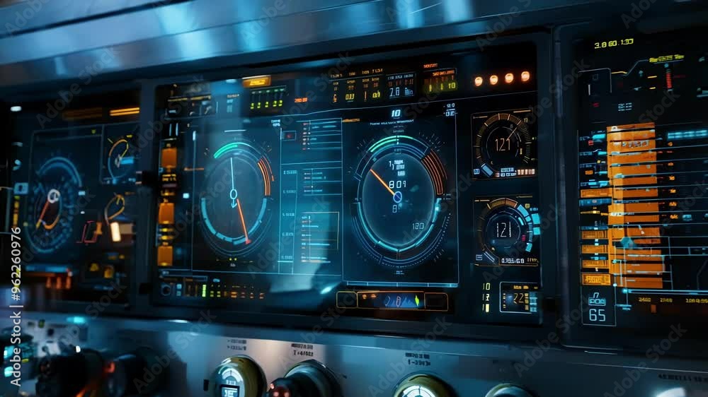 Poster futuristic control panel with illuminated displays and buttons monitors and regulates processes in a