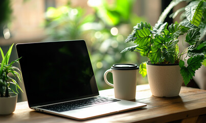 Cozy workspace with laptop and plants