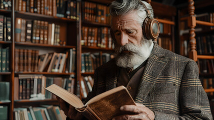 A distinguished older man with a silver beard and tweed jacket and vintage headphones browsing in a library 