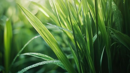 Fototapeta premium Green grass with water droplets under the sun