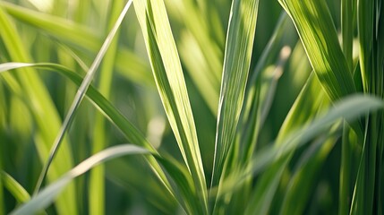 Obraz premium A clear photo shows a lush green grass field bathed in golden sunlight, with a hazy backdrop of more grass