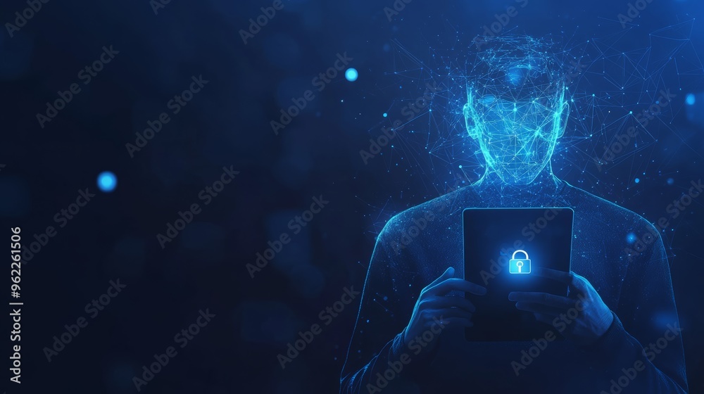 Poster abstract digital figure holding a tablet with a glowing lock icon. cybersecurity and secure digital 