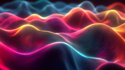 Abstract colorful wavy pattern with glowing particles and lights.