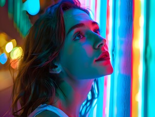 Fototapeta premium Beautiful young woman is immerse into the vibrant energy of a city night, where neon lights paint the streets with mesmerizing hues.
