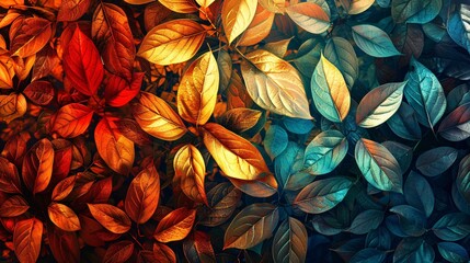 Abstract leaves background, a pattern that mimics nature's colors. Colorful plant texture, a representation of leaf design.