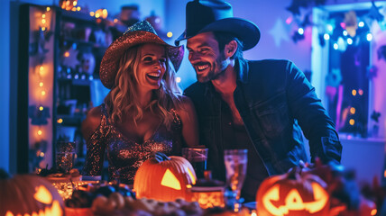 レトロコスチュームでハロウィンパーティーを楽しむ夫婦