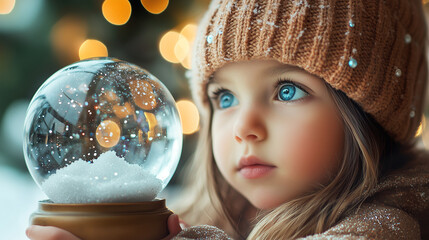Naklejka premium Young child holds a shimmering snow globe filled with lights during a snowy evening in winter wonderland. Generative AI.